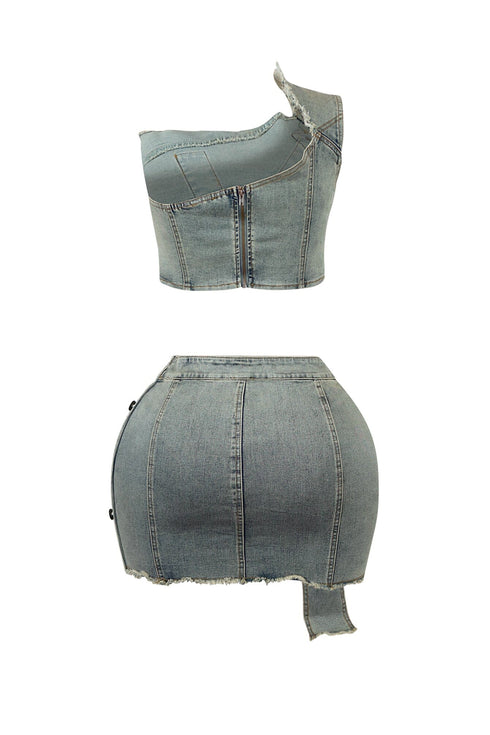 Valerie Vintage Wash One Shoulder Top & Skirt SET